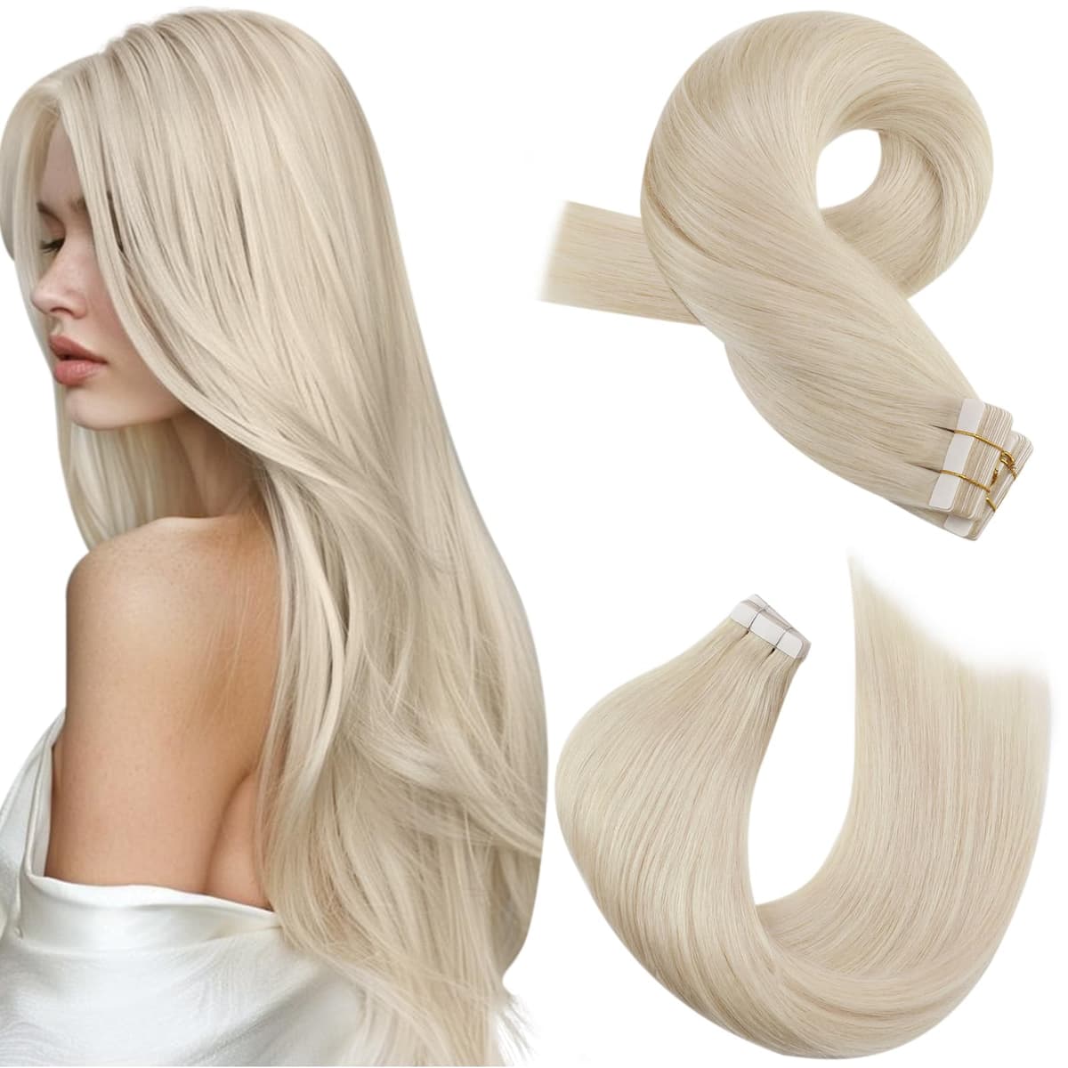 Moresoo Tape in Human Hair Extensions 20 Inch Highlight 50g/20pcs Tape in Hair Extensions Human Hair Ash Blonde with Platinum Blonde #P18/613 — view 97