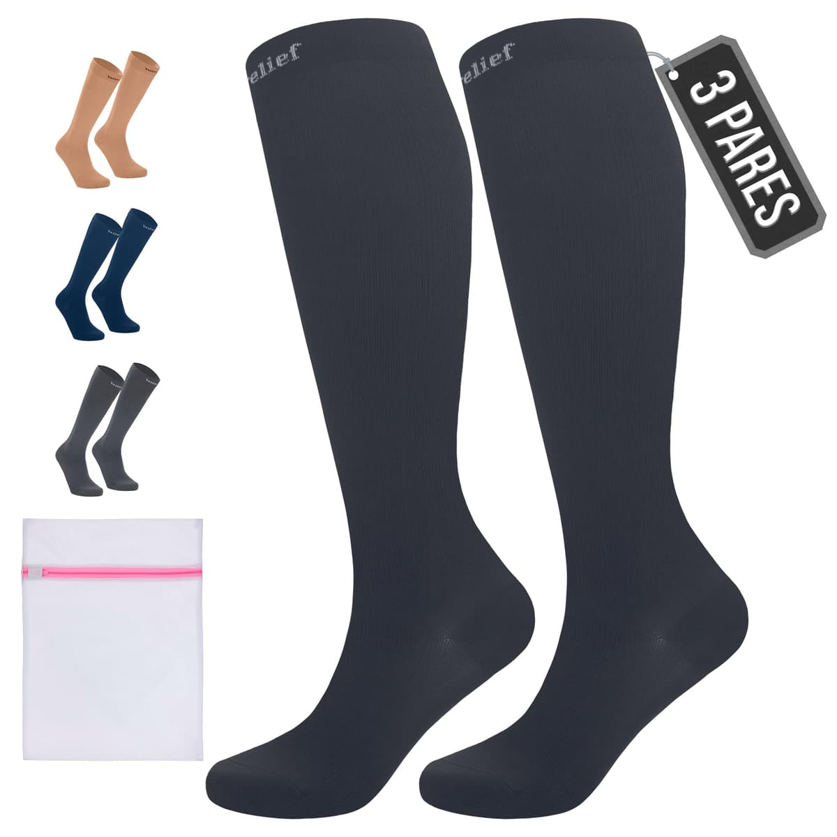 360 Relief Medias de Compresión Mujer y Hombre - 1 Par Calcetines de Compresión para Deportes, Correr, Volar, Viaje, Trabajo, Footing - S/M Beis con Bolsa de Malla — view 16