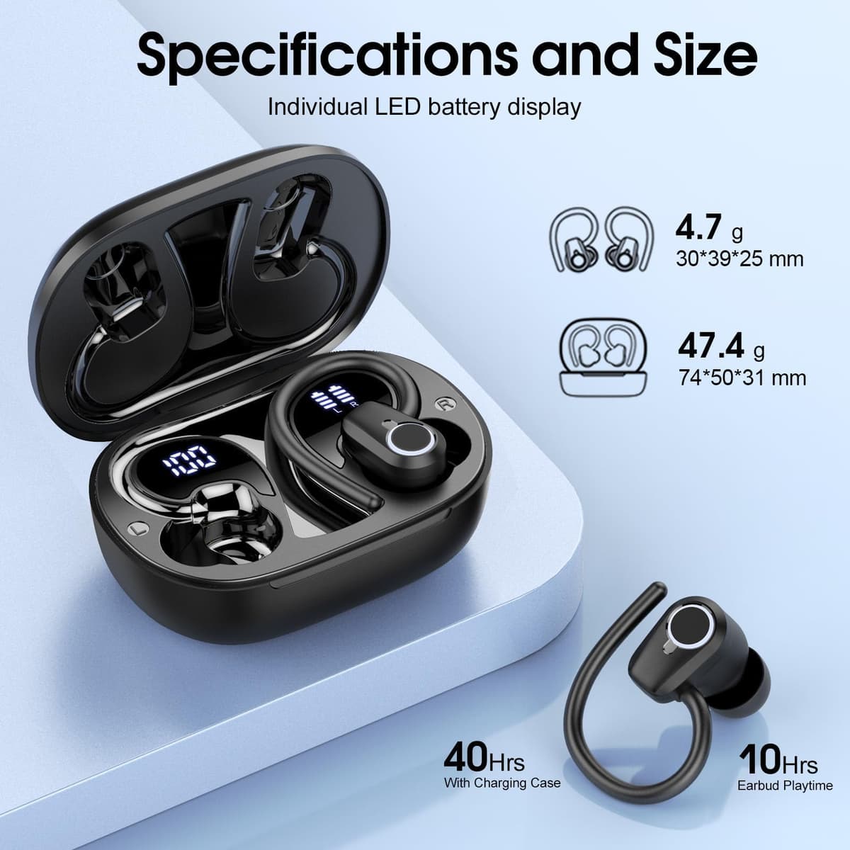 Wireless Earbuds, Bluetooth 5.3 Headphones with 4 ENC Noise Canceling Mic, 50H Stereo Dual LED Display Ear Buds, Sport Bluetooth Earphones with Earhooks, IP7 Waterproof Wireless Headphones for Running — view 3