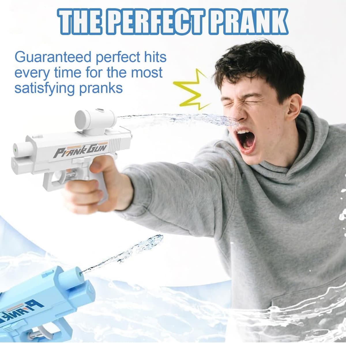 Prank Water Gun Pistola de Agua de Broma Invertir Pistolas de Agua Doble Disparo Delantera y Trasera para Travesuras Piscina Playa Verano (Azul) — view 3