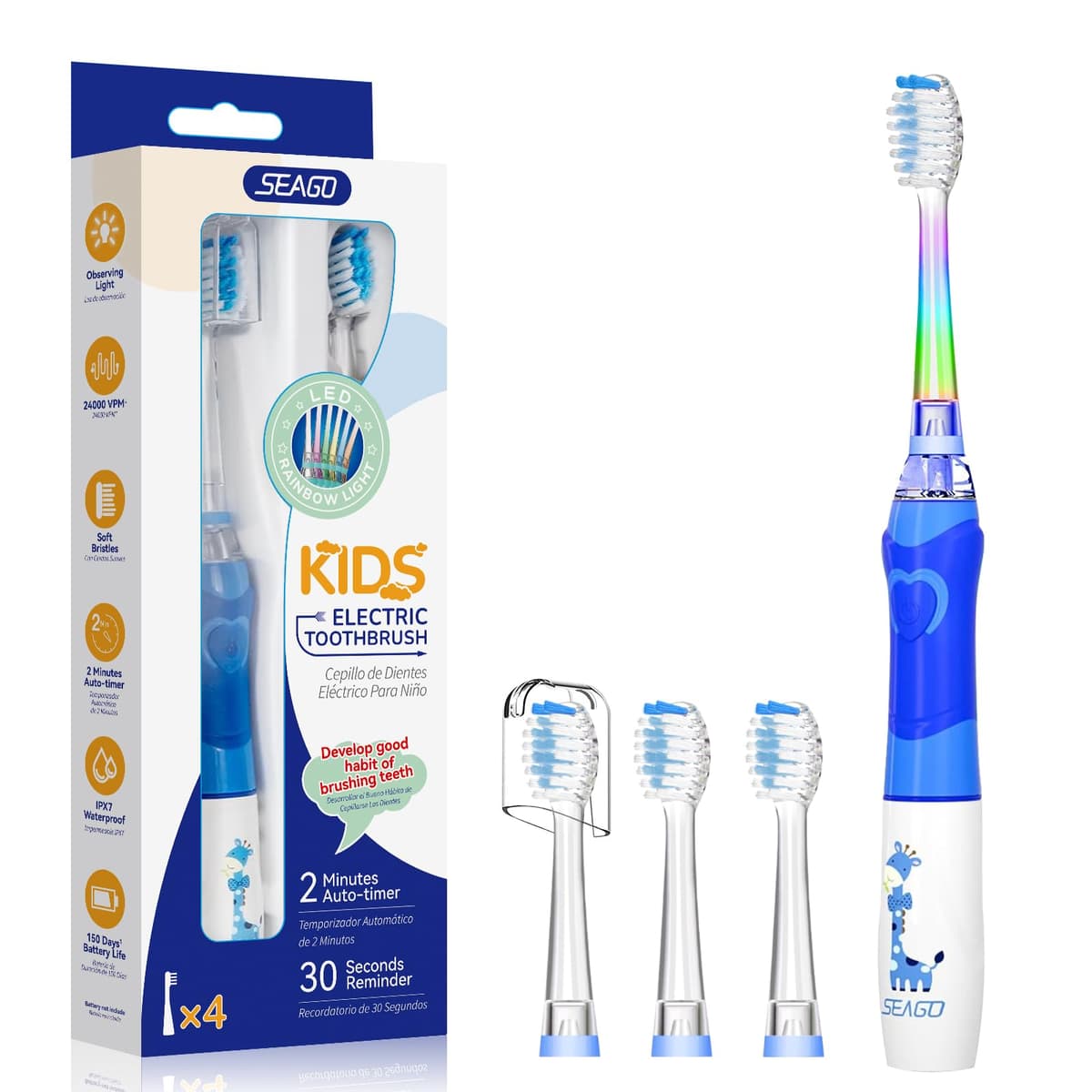 Seago Cepillo de Dientes Infantil Eléctrico Para Niños 3–12 Años Kids Con Luz de Colores,Temporizador Inteligente de 2 minutos,4 Cabezales Suaves SG-EK6/SG-977 (Rosa) — view 21