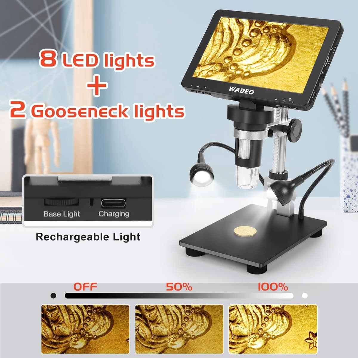 WADEO 7'' LCD Digital Microscope 1200X, 16MP 1080P Coin Microscope with 8 LED Lights and Fill Light, Compatible with PC/TV, Windows/Mac OS, with 32G Card and Remote Control — view 4