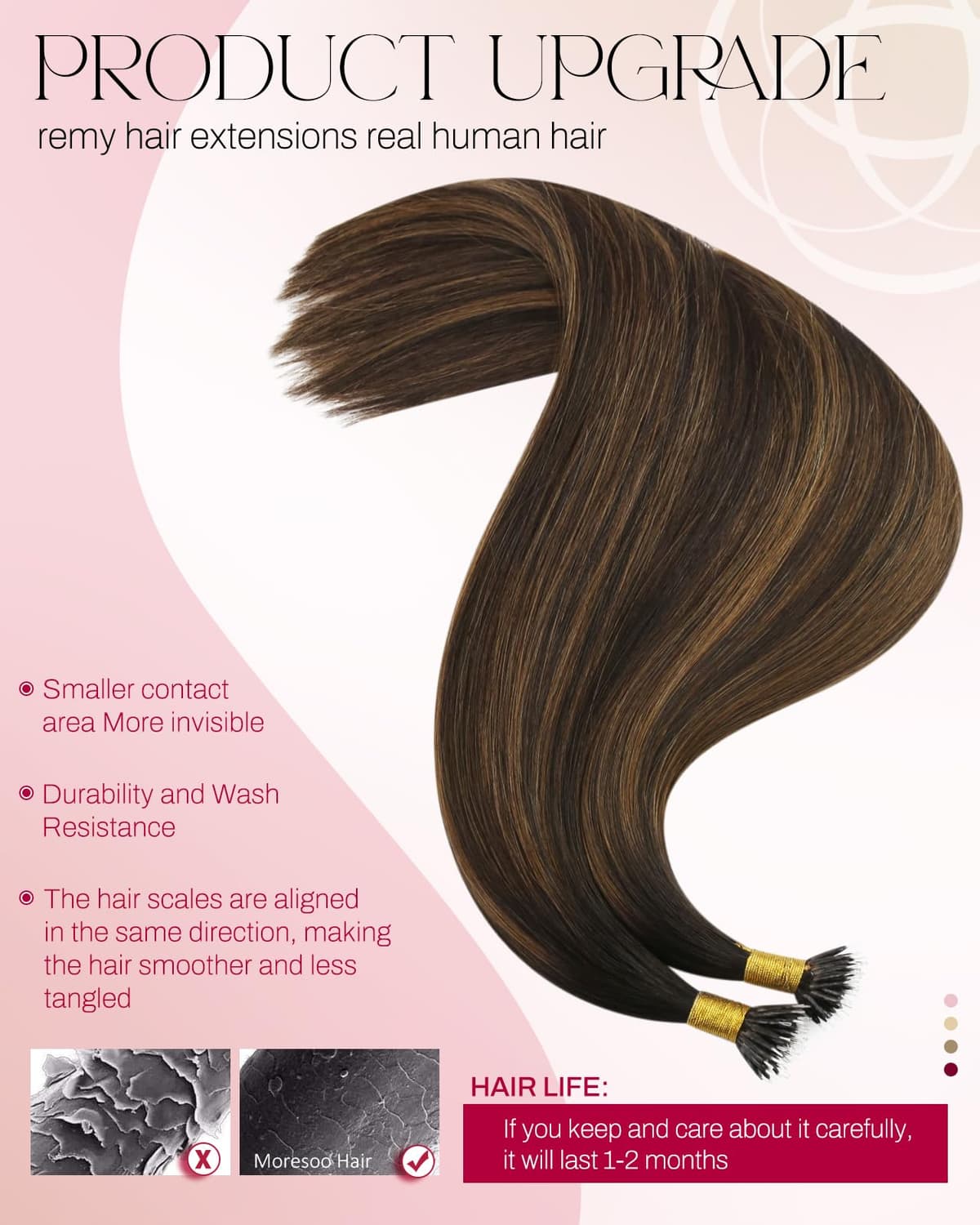 Moresoo Nano Hair Extension Remy Hair 18 Inch 1g/s Balayage Dark Brown and Medium Brown Nano Beads Human Hair Extensions Natural Reflection 50 Strands #2/6/2 — view 3