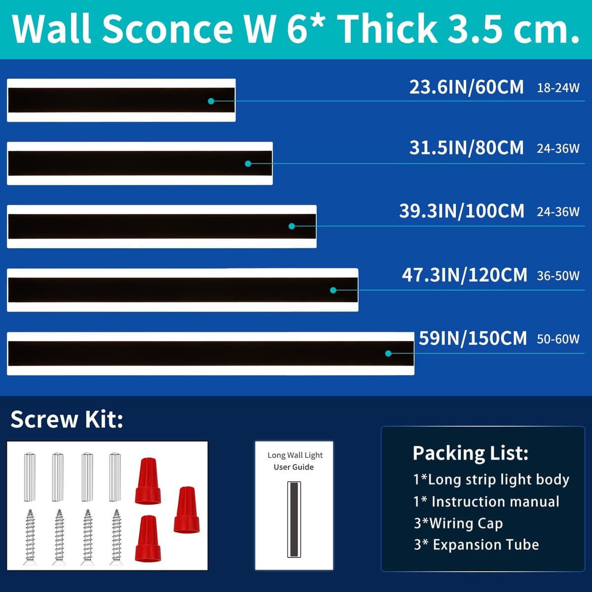 Mikeru 60cm Long Wall Light, 2 Pack Black Minimalist Porch Wall Light, 6500k Cool White Led Acrylic Wall Mounted Luminaire, IP65 Waterproof Outside Wall Sconce for Garage, Patio, Villa — view 2