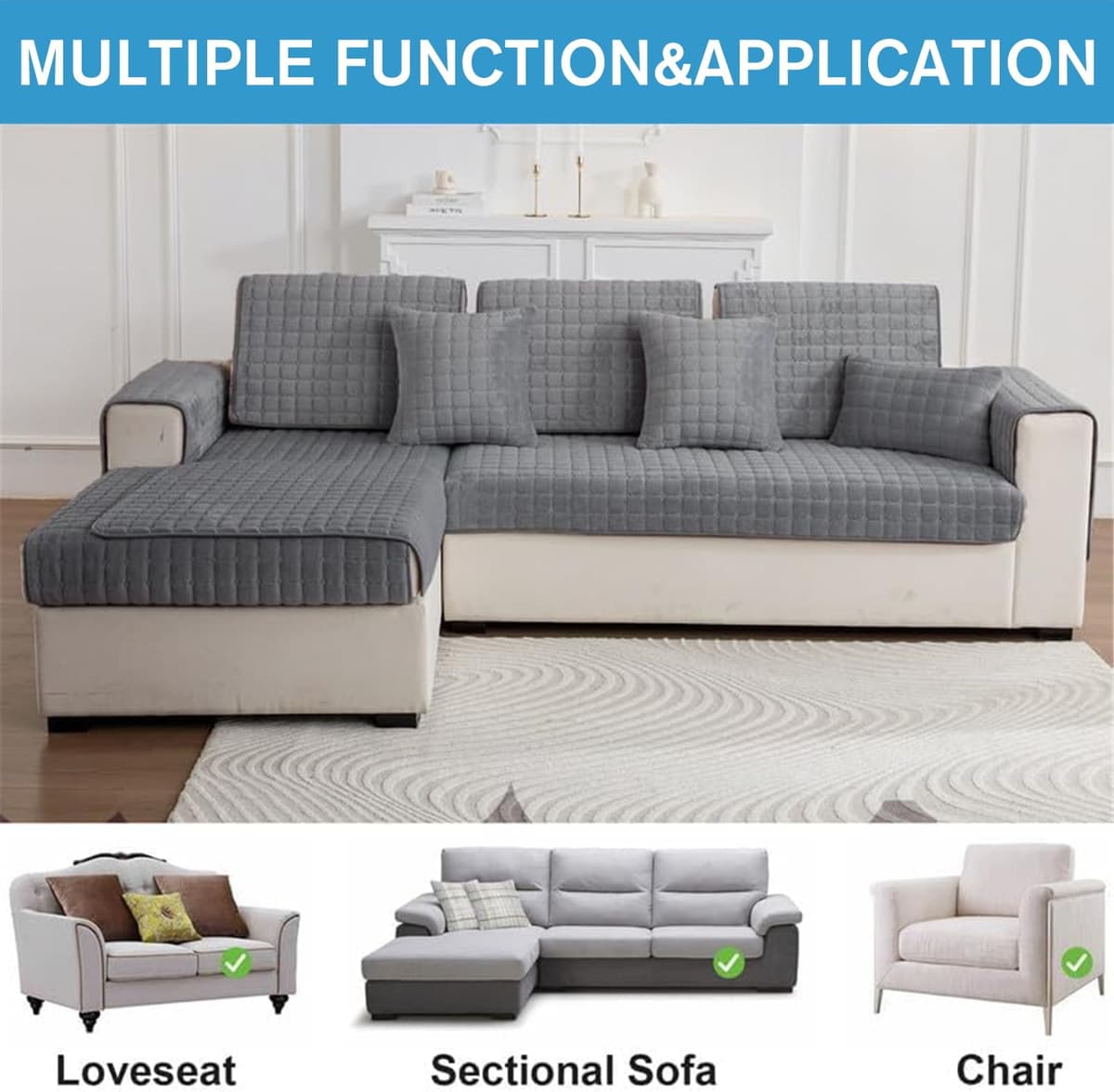 LINGKY Soft Flannel Sofa Covers Washable - Sofa Cushion Covers, Non-Slip Sofa Cover 1 2 3 Seater Couch Covers for Sectional Sofa, Sofa Slipcovers L Shape Furniture Protector (Grey, 70x70cm) — view 2