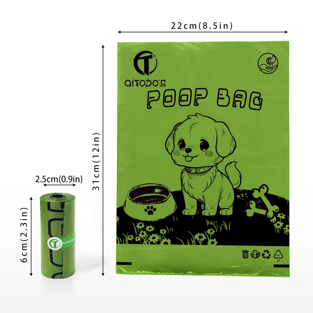AiTodos® 600PCS Bolsas Caca Perro, Verde - Bolsas Excrementos Perros - Adecuado Salir de Casa, 31 * 22CM, Polietileno-Material, Portátil (40 Rollos, 15 por Rollo) -Poop Bags — view 2