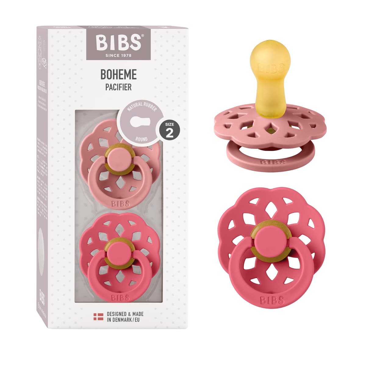 BIBS Boheme Soother 2-Pack. BPA Free. Round Nipple. Natural Rubber Latex, Made in Denmark. Size 2 (6-18 Months), Blossom/Dusky Lilac — view 13