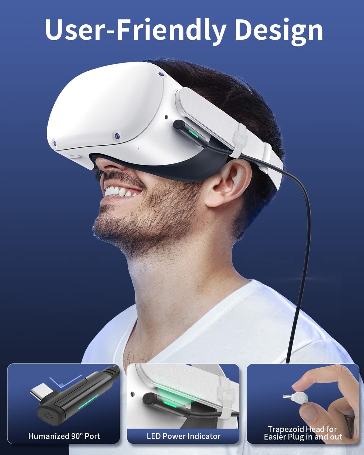 ZYBER Cable de Enlace 5M para Oculus Quest 2 y Pico 4, Quriculares VR para PC de Juegos Meta Quest Pro 2/1, Cable USB 3.0 a USB C de Alta Velocidad para PC VR y Steam VR (Blanco) — view 3