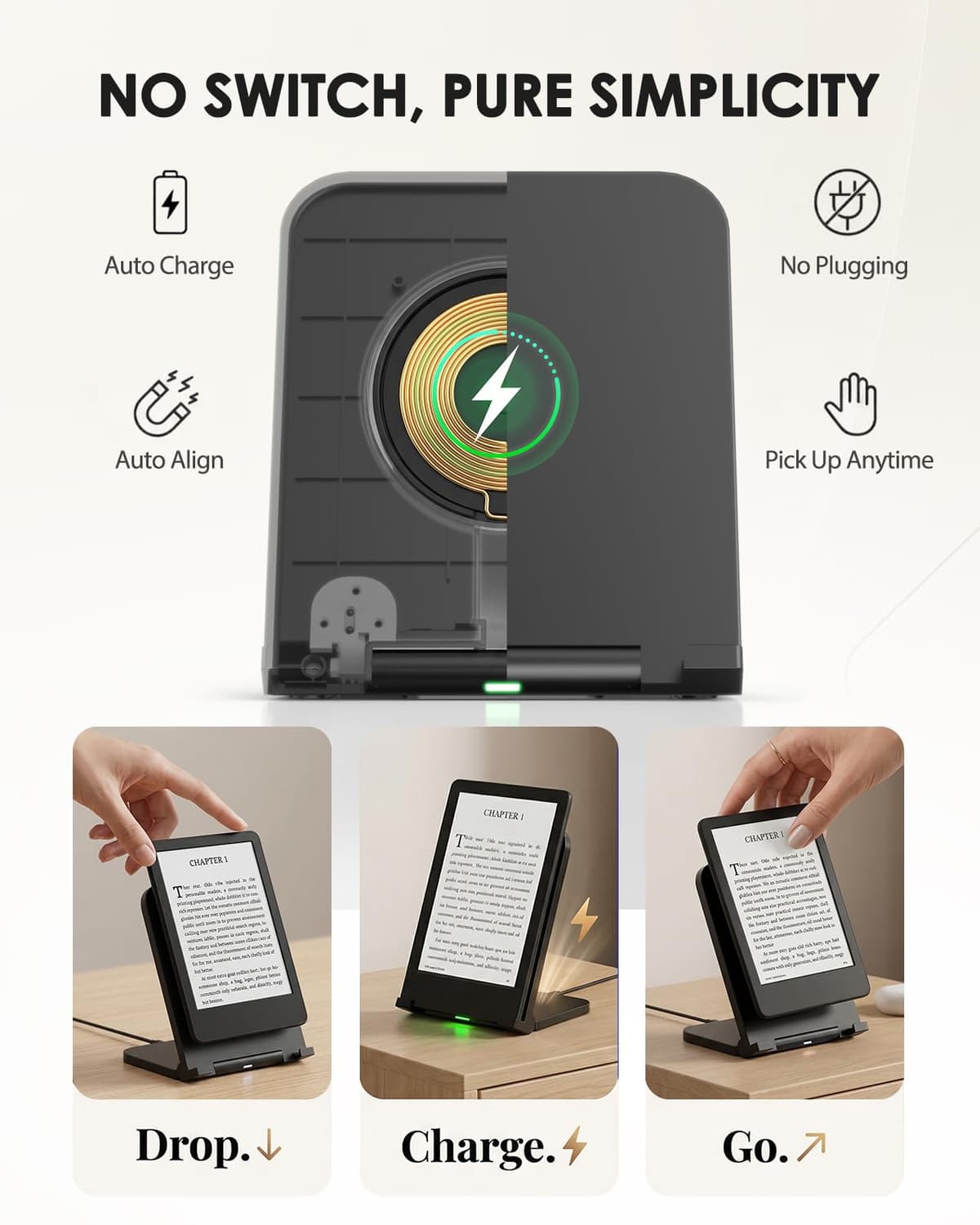 Doohoeek Foldable Wireless Charging Dock for Kindle Paperwhite Signature (2022/2024), Colorsoft & Galaxy Ebook – Compact Charger Station with Adjustable Angle, Auto‑Stop Safety — view 4