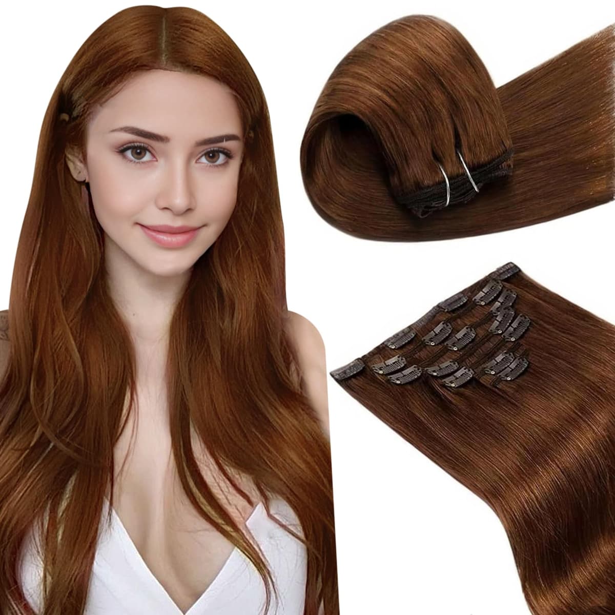 LaaVoo Hair Extensions Clip in Real Human Hair Brown Clip in Hair Extensions Dark Brown Remy Straight Hair Full Head Double Weft 80g 5pcs 14 Inch #4 — view 97