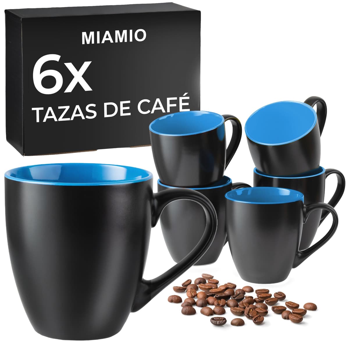 MIAMIO - 6 x 350 ml Juego de Taza de Café/Copa de desayuno - Le Papillon Colección (Negro-Azúl)