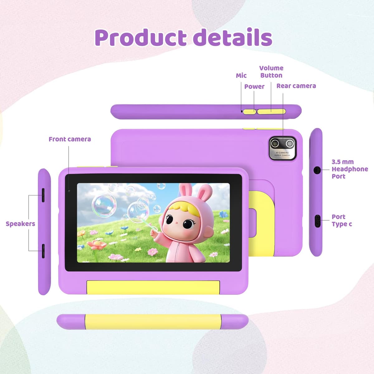 Whitedeer 2026 Latest Kids Tablet, 7 inch Tablet for Kids 3-7 Ages 8GB RAM +64GB ROM, Android 13, Parental Controls, Dual Camera, Wi-Fi, Bluetooth, Type-C, Impact Resistant Case, Gift,Purple — view 5