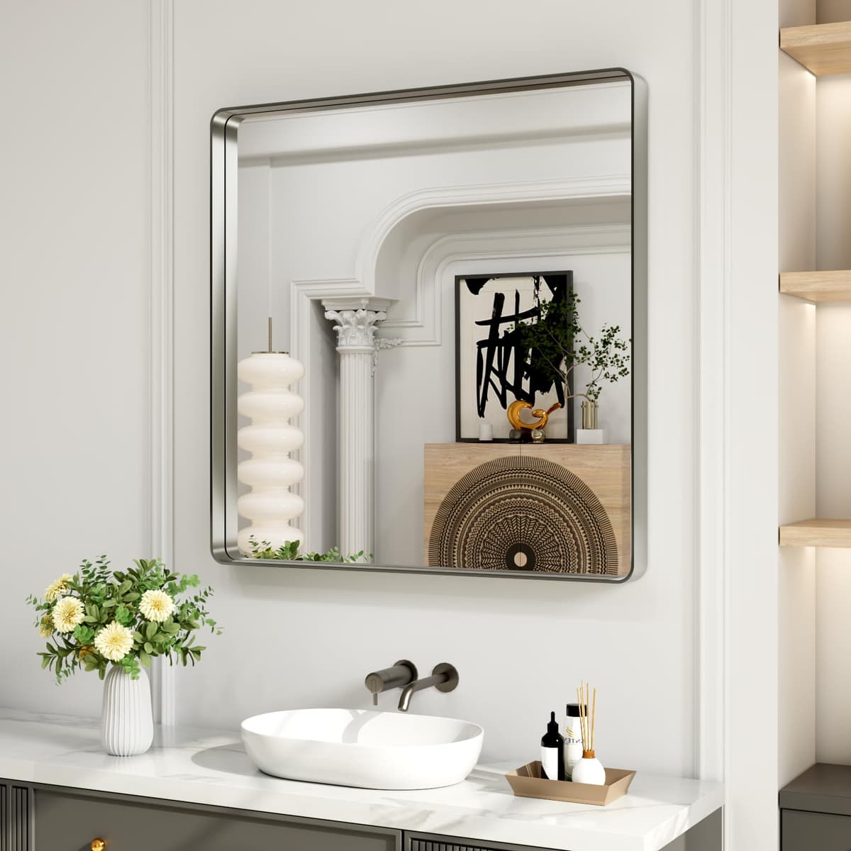 LOAAO 48”X36” Gold Bathroom Mirror, Rounded Rectangle Gold Frame Mirror, Brushed Gold Bathroom Vanity Mirror Wall-Mounted, Anti-Rust, Tempered Glass, Hangs Horizontally or Vertically — view 56