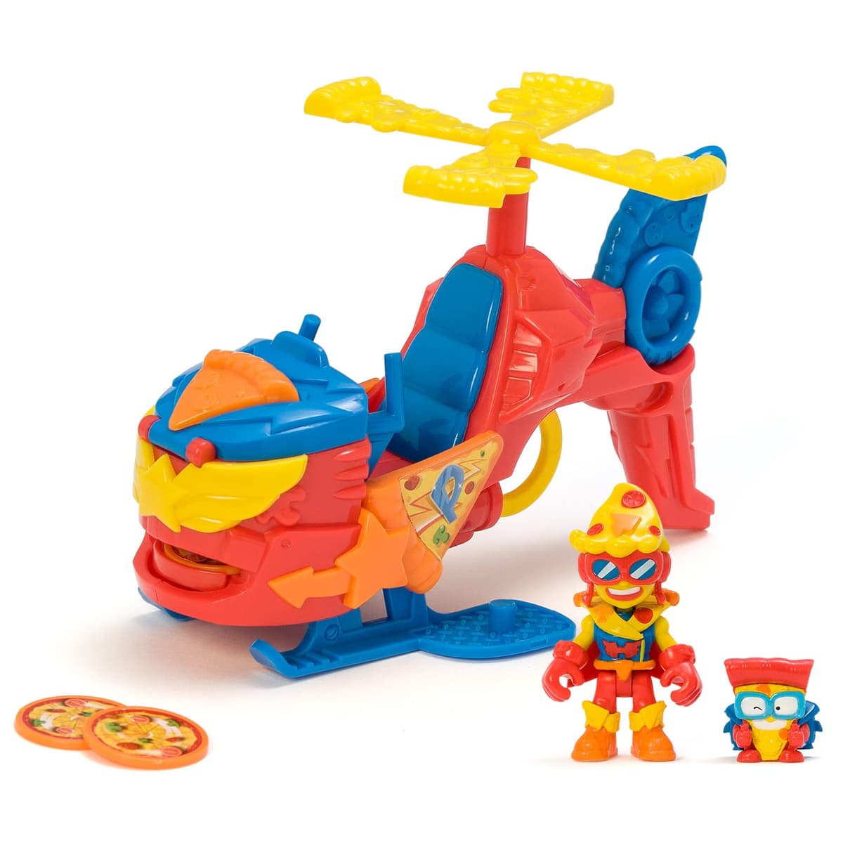 SUPERTHINGS Pizzacopter, Helicóptero de con Lanzador de Discos de Pizza, Incluye 1 Kazoom Kid y 1 SuperThing