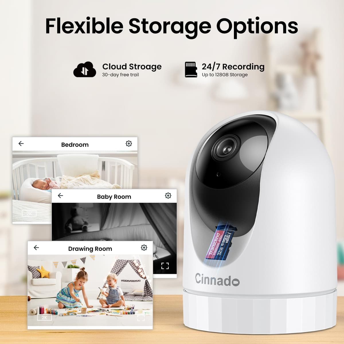 Cinnado Camara Vigilancia WiFi Interior - 2K Cámara Perros y Bebe con Seguimiento de Movimiento, Camaras Domicilio WiFi IP 360°, Visión Nocturna, 24/7 Grabación, Compatible con Alexa — view 7