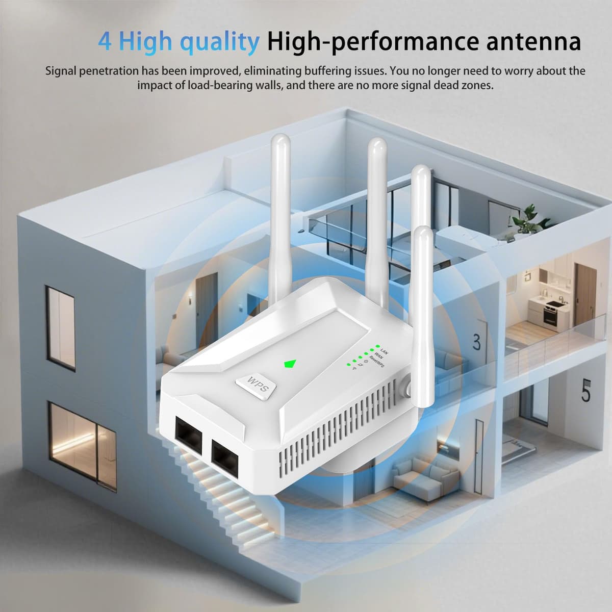 2026 WiFi Booster Range Extender, WiFi Extender, 4 Antennas Ethernet Port, 50 Devices WiFi Booster Extender, Covers Up to 5000 Sq.ft, Quick Setup, Works with Any WiFi Router, UK Plug (White) — view 3