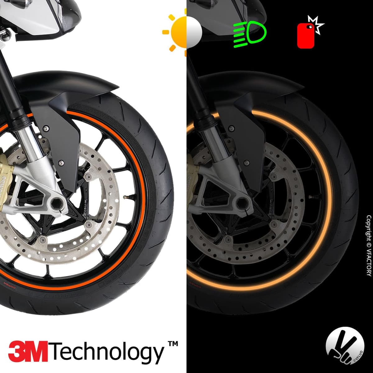 VFLUO - Kit pegatinas llantas de moto reflectantes, autoadhesivas para 1 rueda, 3M Technology™ - Gran visibilidad lateral - Discreto y diseño - Fácil colocación — view 3