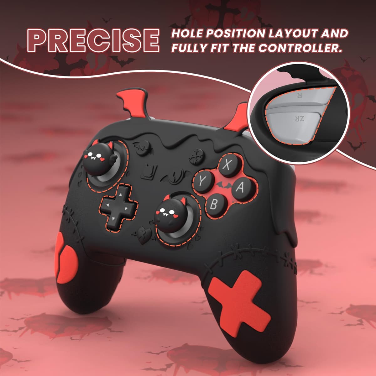 playvital for Nintendo Switch 2 Pro Controller Silicone Cover – Gothic Imp Series Cute Protective Skin Case for Switch 2 Pro Controller w/Back Button Caps & Thumb Grip & Sticker, Shockproof - Black — view 2