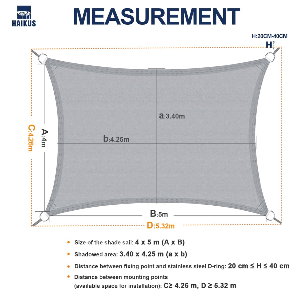HAIKUS Toldo Vela de Sombra Impermeable Rectangular 4x5m Protección UV PES, Toldos para Patio Exterior Jardín Terraza - Gris — view 4