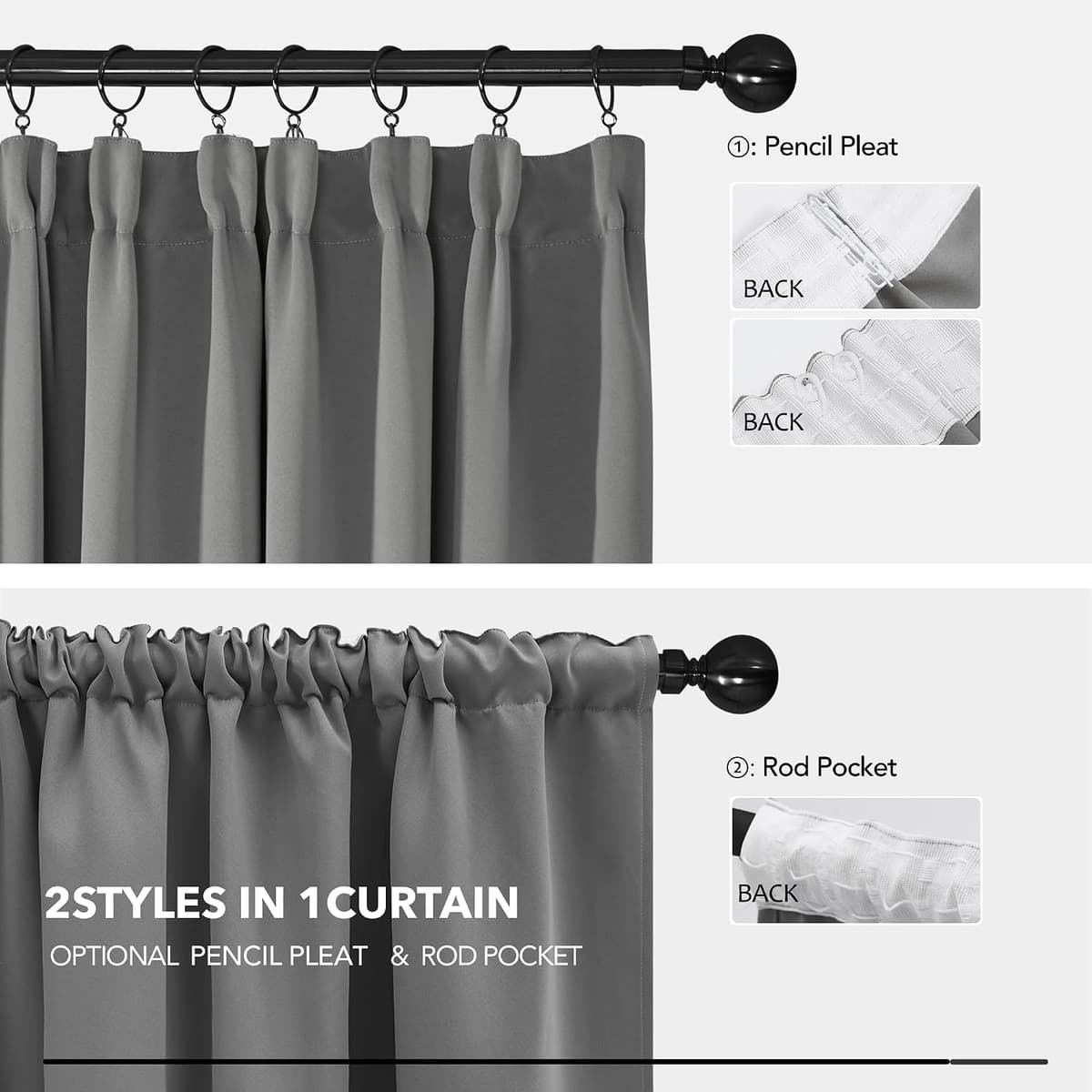Deconovo Grey Blackout Curtains Thermal Super Soft Pencil Pleat Curtains Bedroom 46 x 54 Drop Inch Light Grey 2 Panels — view 3