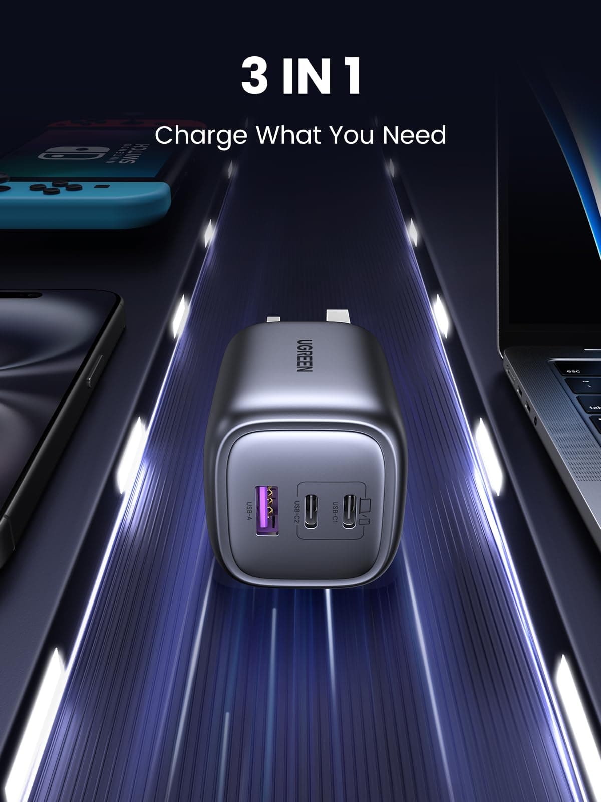 UGREEN USB C Plug Charger, 65W Nexode Foldable Fast GaN 3-Port Charger, Support PPS/PD3.0, Compatible with MacBook Pro/Air, iPhone 17/17 Pro/16/15, iPad, Galaxy S25/S24, etc — view 4
