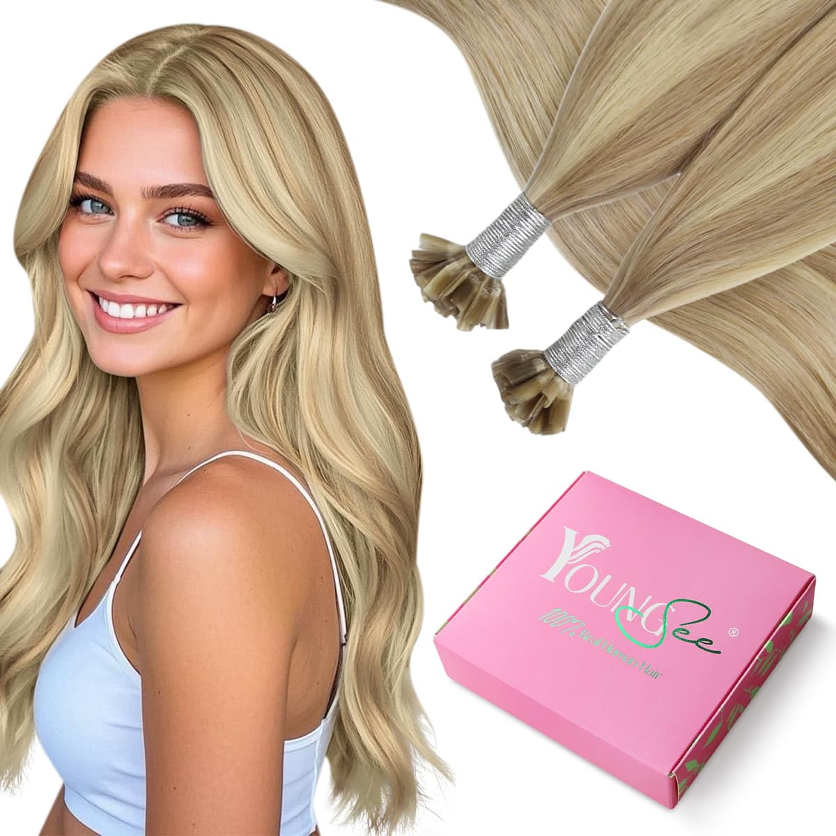 YoungSee Nano Hair Extensions Blonde 16inch Nano Beads Hair Extensions Warm Ash Blonde Highlight Bleach Blonde Nano Ring Hair Extension Highlight for School Soft Cold Fusion 50s 50g — view 51