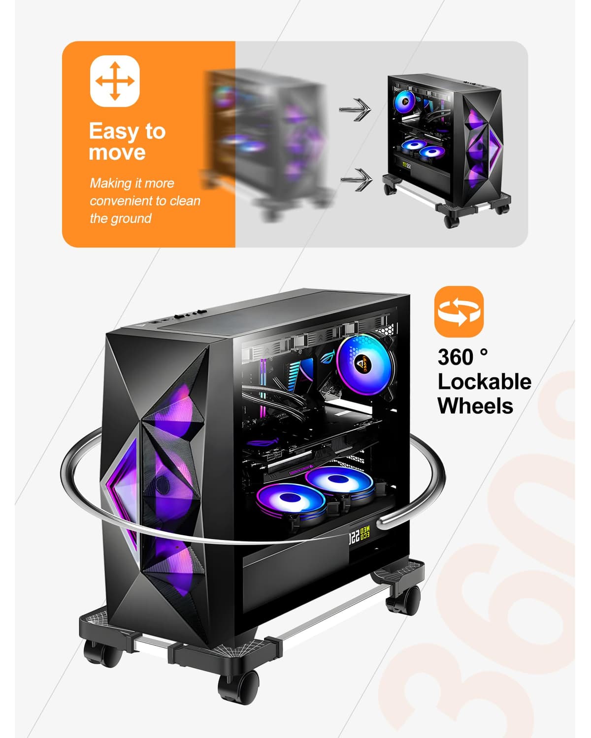 CPU Stand for PC Computer Case Holder Bracket Desktop Mainframe Rack with Brake with 4 Caster Wheels(Black) — view 3