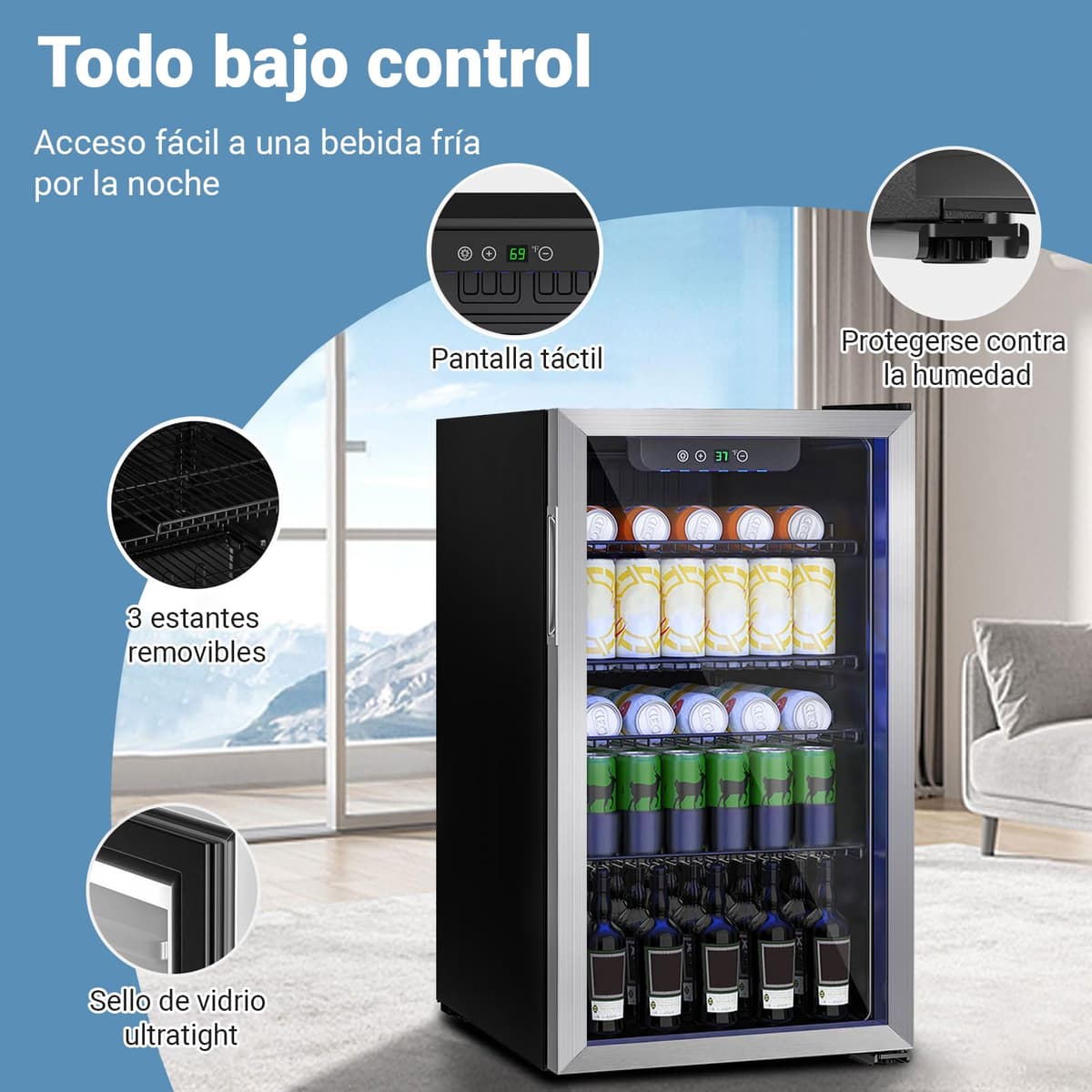 DollarDash Mini refrigerador de 80L, refrigerador independiente para bebidas con capacidad para 115 latas puerta de transparante para, refrigerador pequeño con estantes ajustables (plateado) — view 2
