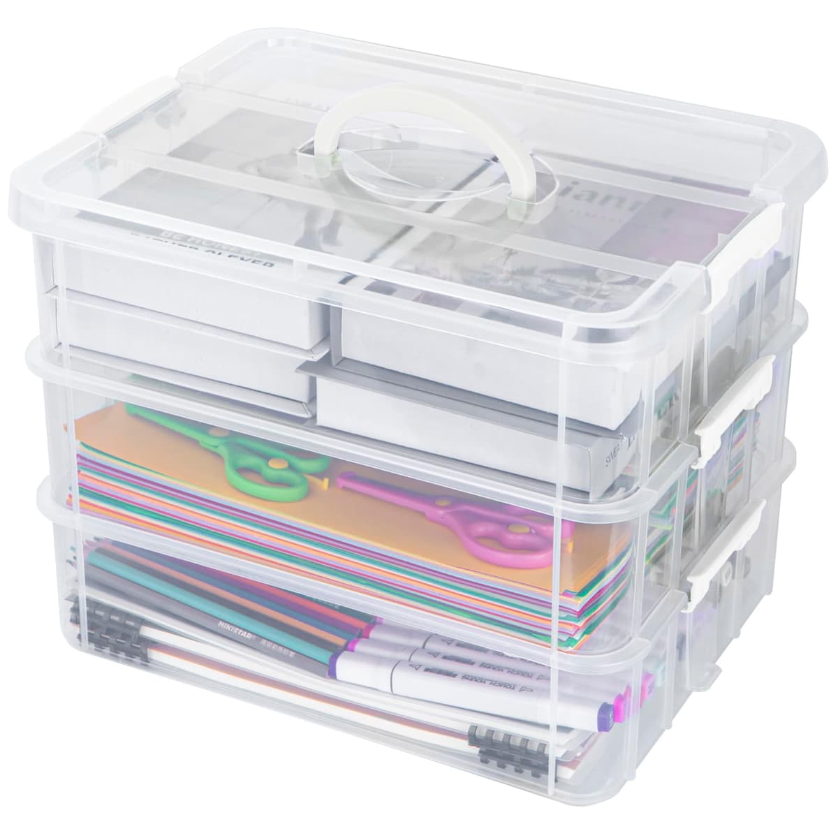 Creahaus 3 Layer Plastic Stackable Storage Boxes with Lid & Carry Handle,Storage Containers Multipurpose Portable Clear Organizer Carry Box for Organizing Art Craft,Sewing, Bead, Tool (Whter