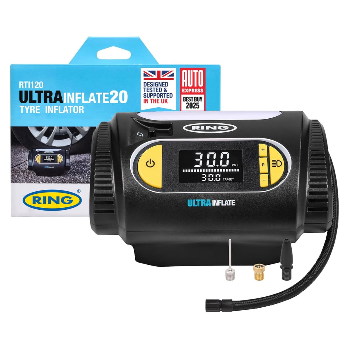 RING ULTRAINFLATE 20 Digital Tyre Inflator Air Compressor - Featuring Auto-Stop & Progress Meter - Compact, Reliable & User-Friendly Tyre Pressure Solution