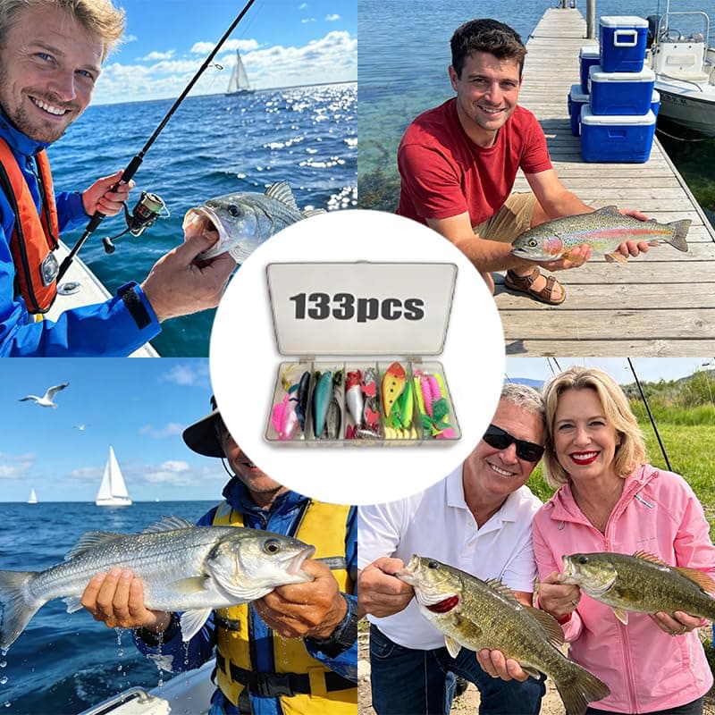 ZhaoCaiWJ 133 Piezas Señuelos de Pesca Kit Completo - Cebos Artificiales Mixtos con Caja de Aparejos: Vinilos, Cucharillas, Ranas y Anzuelos - Equipo de Pesca Spinning para Mar y Río (Black Bass, Truc — view 7