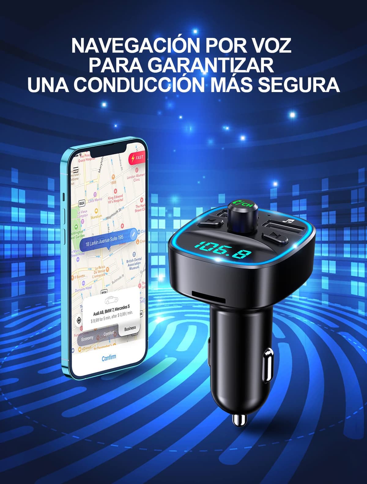 Mohard Transmisor FM Bluetooth Coche, Manos Libres Adaptador Bluetooth Coche Mechero, Musica Radio Inalámbrico Reproductor MP3, Puertos USB Duales (5V/2.4A & 1A), Soporte Unidad Flash USB y Tarjeta TF — view 6