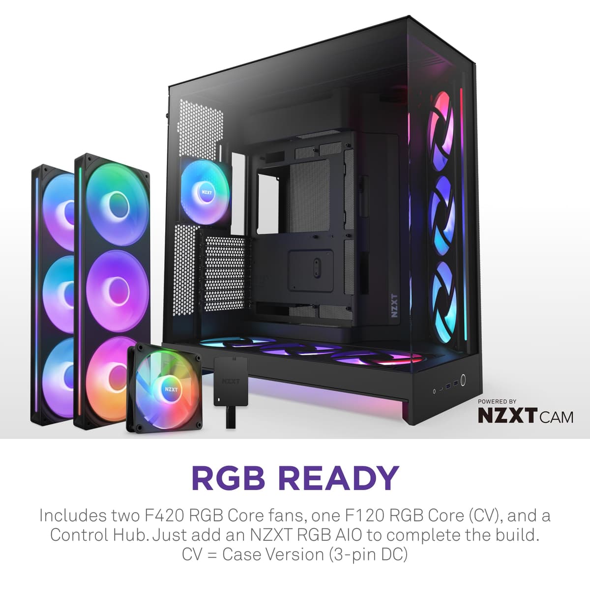 NZXT H9 Flow RGB+ (2025) – Large Dual-Chamber ATX Mid-Tower Airflow PC Case – Includes 7 RGB Fans (6 x 140mm, 1 x 120mm) & Control Hub – 420mm Radiator Support – Back-Connect Ready – Black — view 3