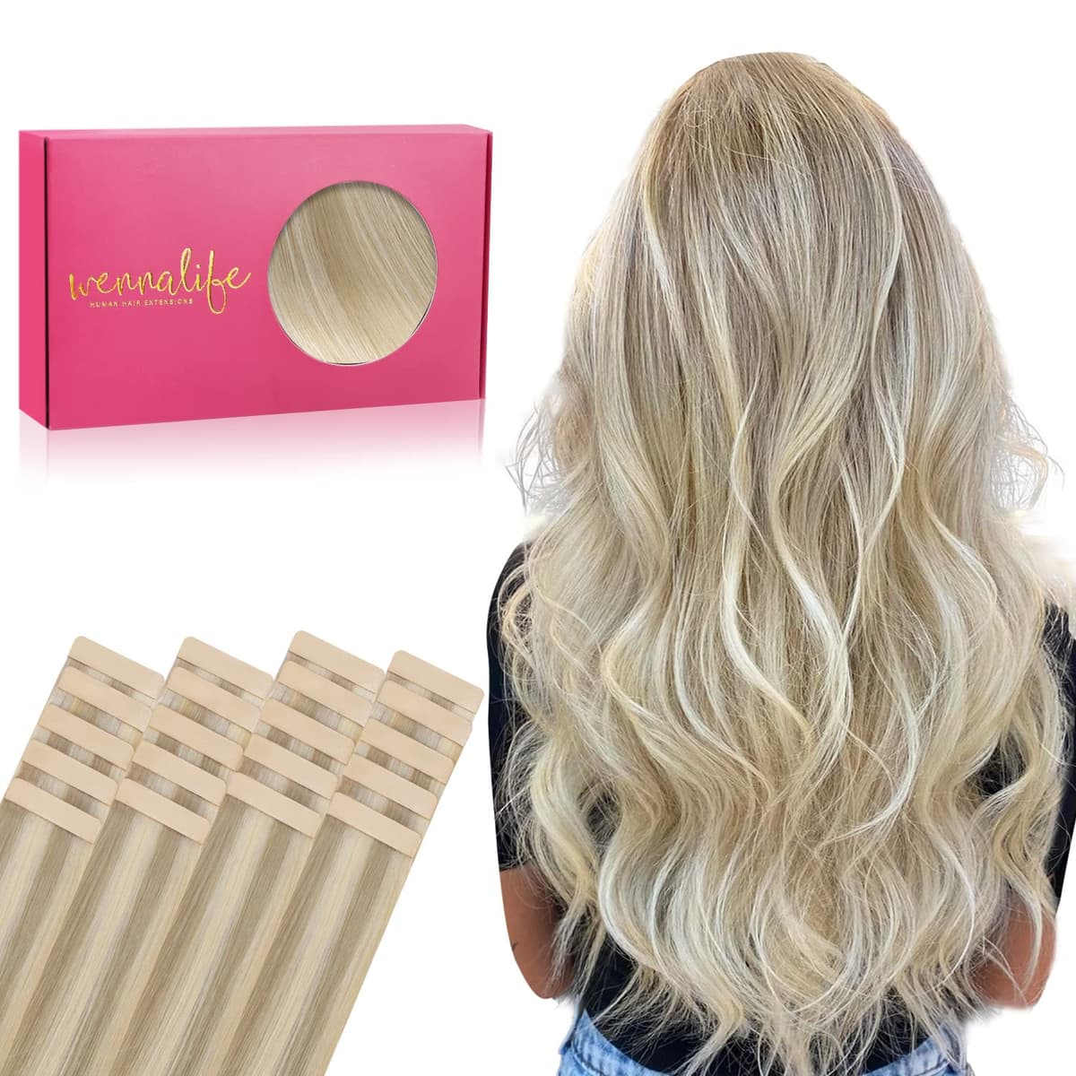WENNALIFE Extensiones Adhesivas Pelo Natural, 50cm, 50g, 20 Piezas, Aschblond bis Goldblond und Platinblond, Extensiones Pelo Remy Cabello Humano