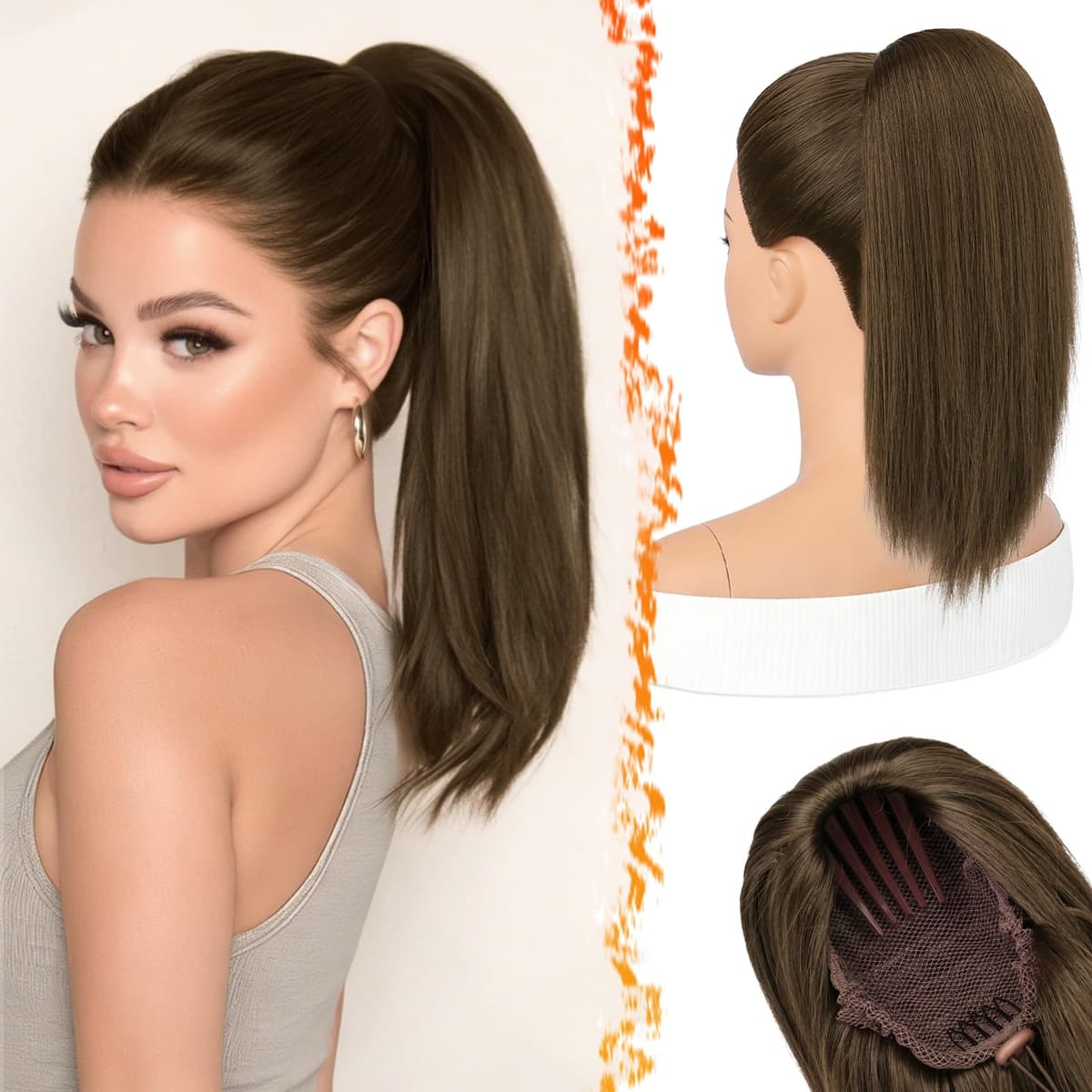 BARSDAR Liso Coleta Postiza Extensiones Pelo, 40cm Corta Liso Medio Marrón Cola de Caballo Extension con Cordón Natural Sintética Cheer Posh Ponytail Extensiones Postizos Fiestas Cheer Competition