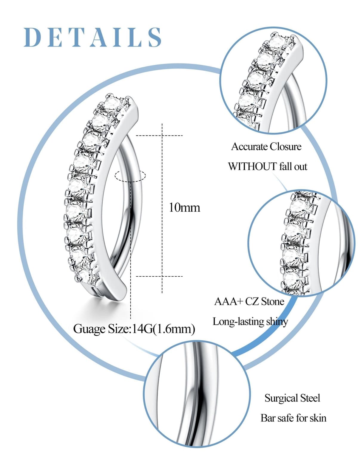 FIOROYAL 6Piezas Piercings Ombligo para Mujeres, 14G Piercing Ombligo Acero Quirurgico, Piercing Ombligo Oro/Plata, CZ Clicker Chapados Piercing Ombligo — view 6