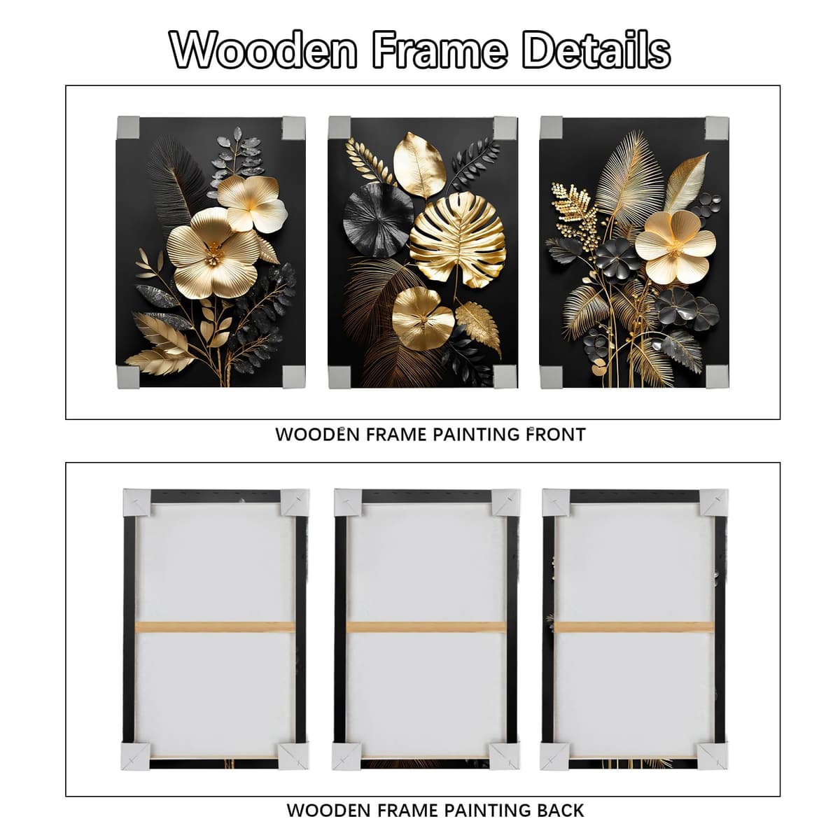 3 Panels Wooden Framed 3D Black Gold Flowers Canvas Wall Art Tropical Monstera Coconut Leaves Painting on Canvas Prints Pictures for Living Room Bedroom Home Wall Decoration 90x40cm(12"x16"x3pcs) — view 5