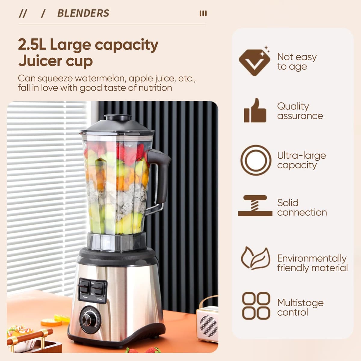 Batidora Profesional 3 en 1, 9500W, Licuadoras para Zumos y Batidos,15 Velocidades Ajustables 3 vasos Mezcladores Cuchillas de Acero Inoxidable,Batidora de Jarra para Batidos y Smoothies. — view 3