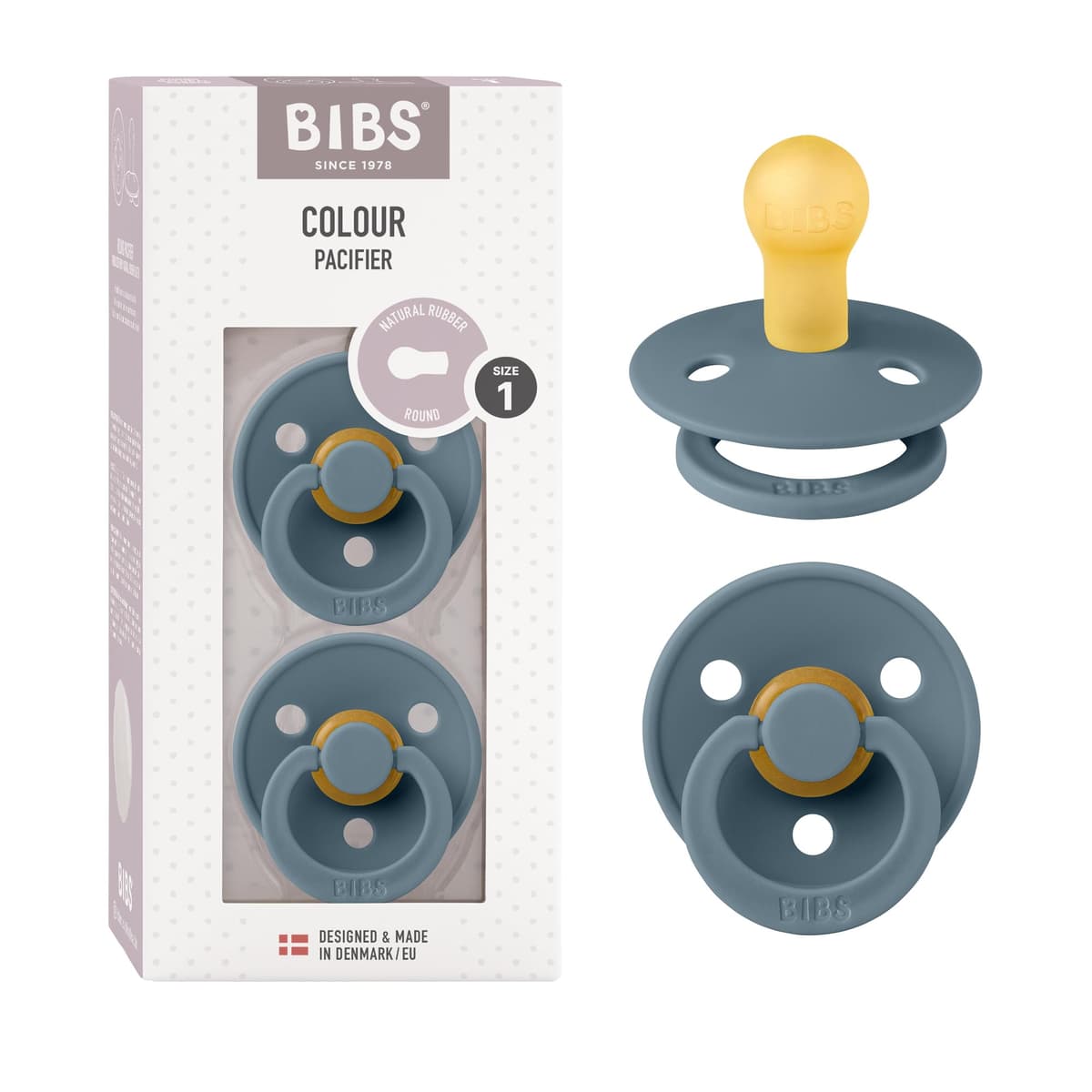 BIBS Colour Soother 2-Pack, BPA Free Dummy Pacifier, Round Nipple. Natural Rubber Latex, Size 2 (6-18 Months), Sky Blue/Steel Blue — view 136