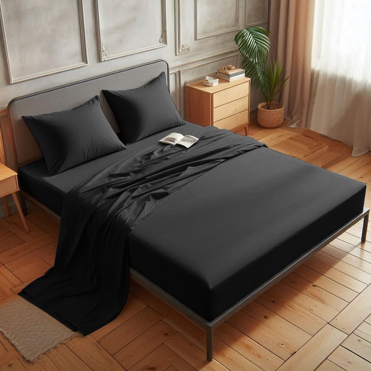 Aspire Homeware Double Fitted Sheet - 25 cm Deep Hotel Quality (Black) Bed Sheets - Soft & Breathable Fitted Bed Sheets Double - Anti-Wrinkle Easy Care Fitted Sheets — view 4
