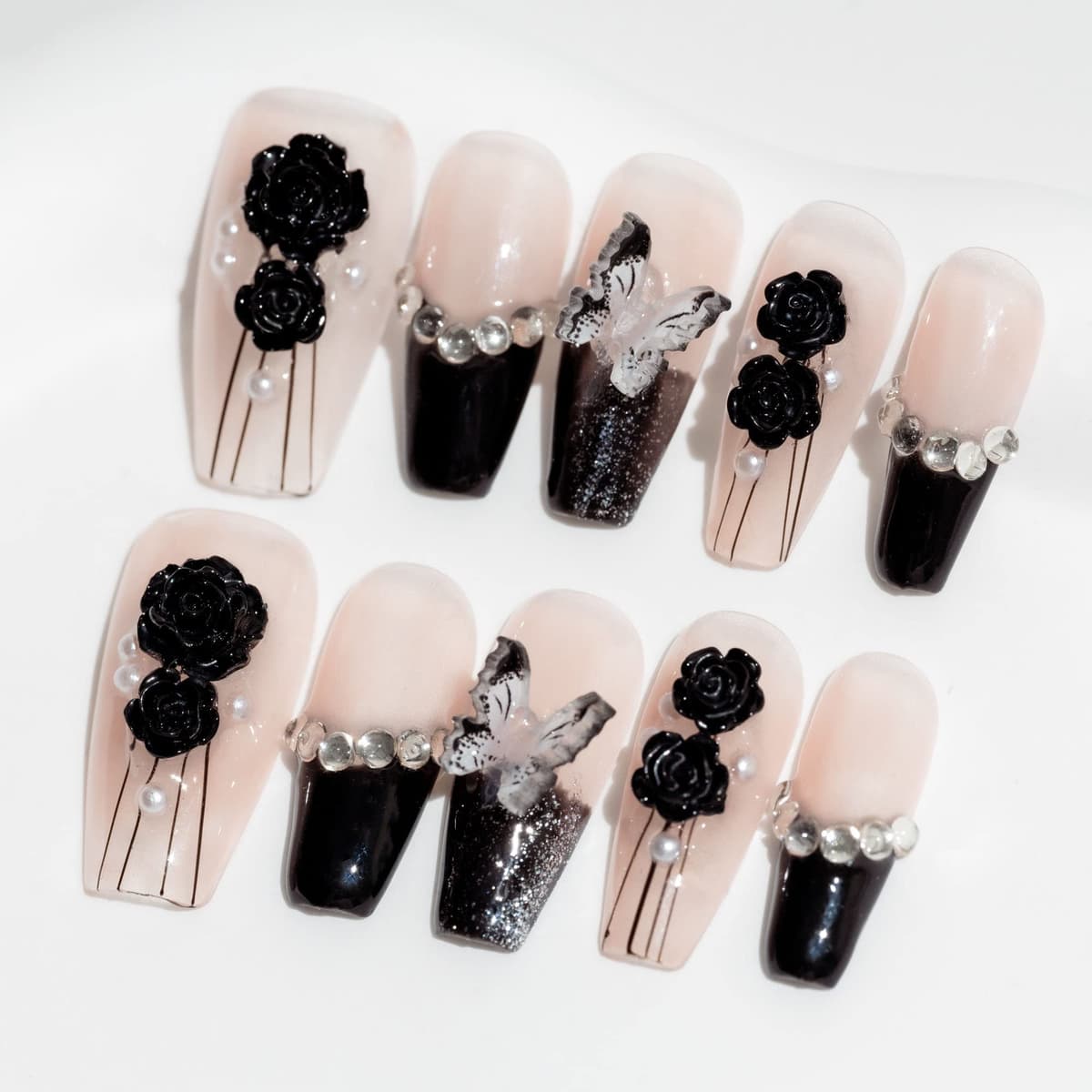 Sun&Beam Nails Handmade Press On Nail Long Coffin Ballerina Pink Flower Acrylic Fake Tip 3D Design Art Charms Cute with Storage Box 10 Pcs (S) — view 218
