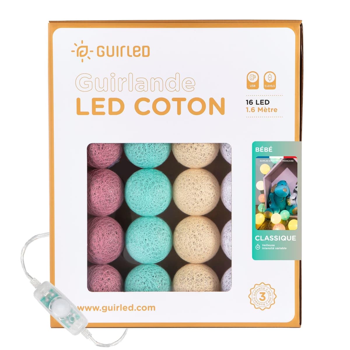 GuirLED - Guirnalda luminosa bolas de algodón LED USB- Luz de noche para bebé 2h - Adaptador de corriente dual USB 2A incluido - 3 intensidades - 16 bolas 1,6m - Byzantin — view 53