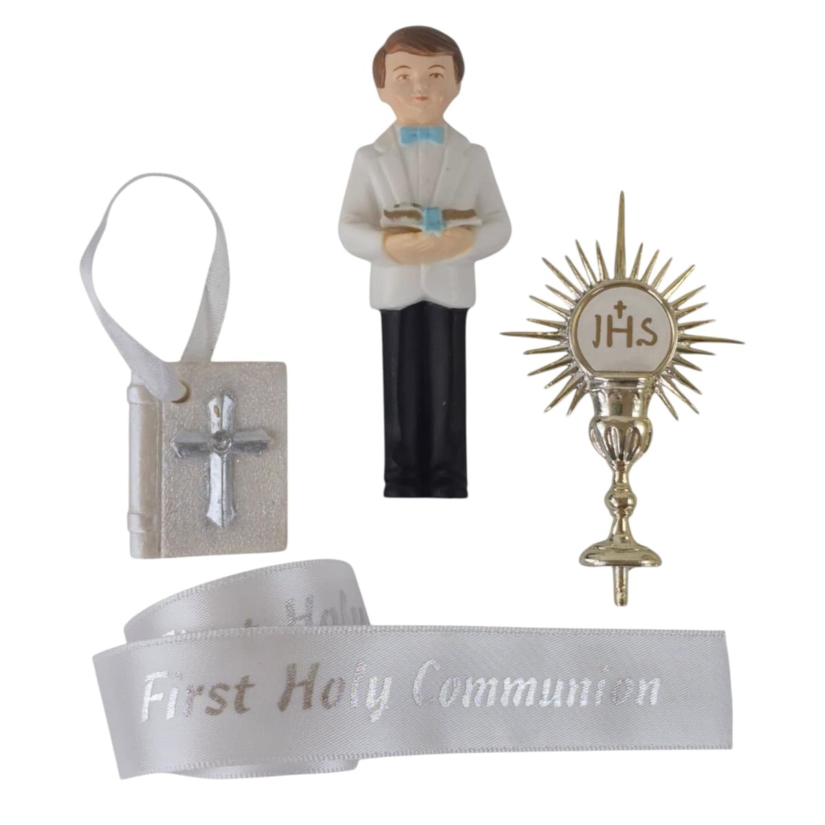 First Holy Communion Cake Topper Set – Boy Figurine, Bible, Chalice/Monstance & Silver Ribbon (1m) – Religious Cake Decoration