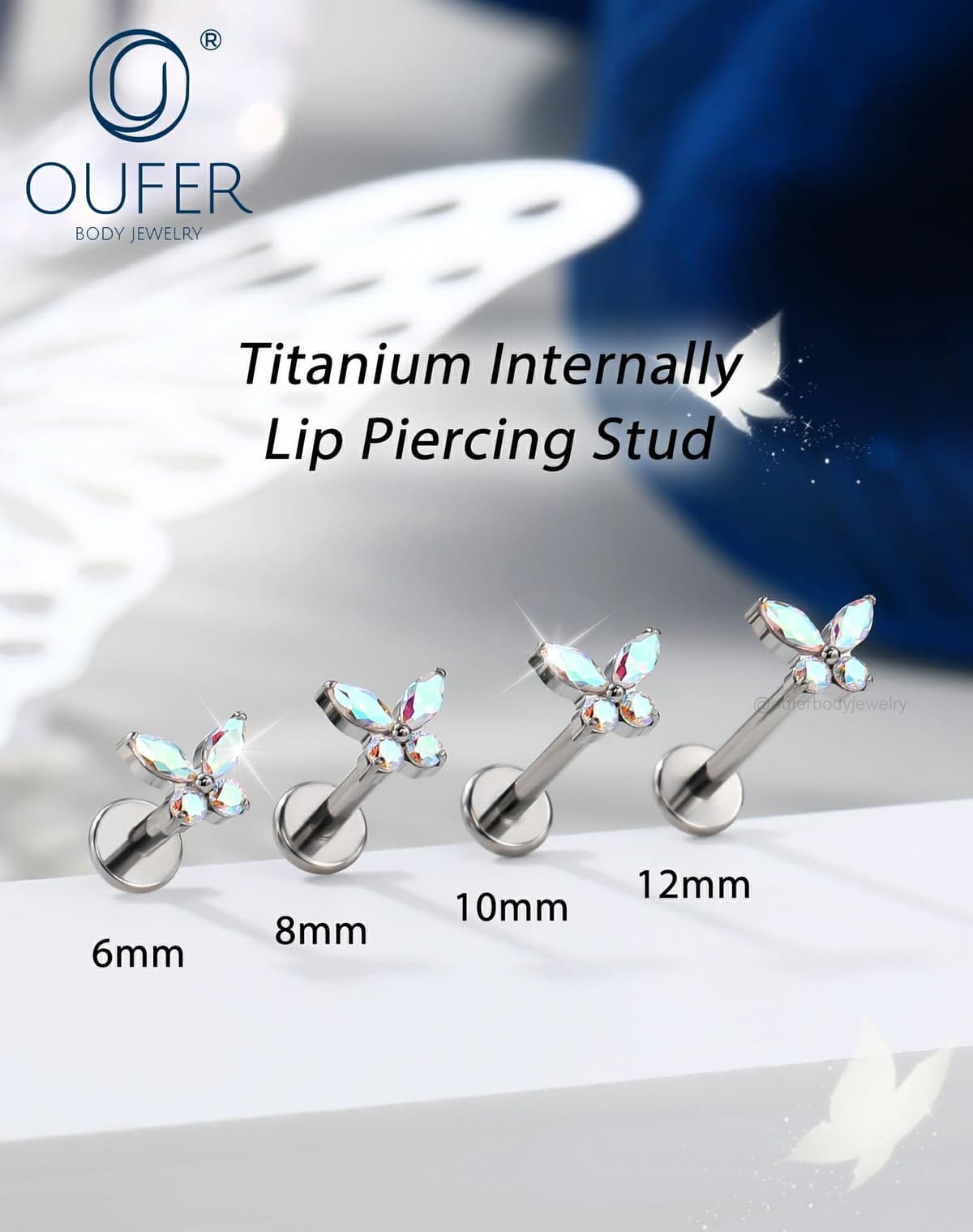 OUFER Body Piercing Labret Earrings: Titanium Lip Stud 16G/1.2mm Internally Threaded Helix Tragus Conch Cartilage Earrings Jewellery Butterfly Medusa Bar 6/8/10/12mm for Women — view 2