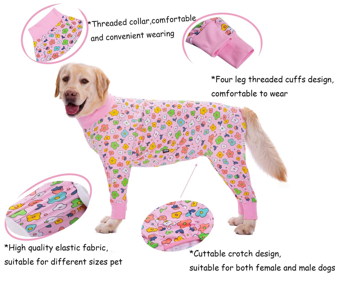 Large Dog Clothes, Elastic Pet Onesie Clothes Protect Joints Anti-hair Anti Licking, Wound Protection Pet Pajamas PJS Dog Jumpsuit For Medium Large Dogs(5XL,Pink Flowers) — view 3
