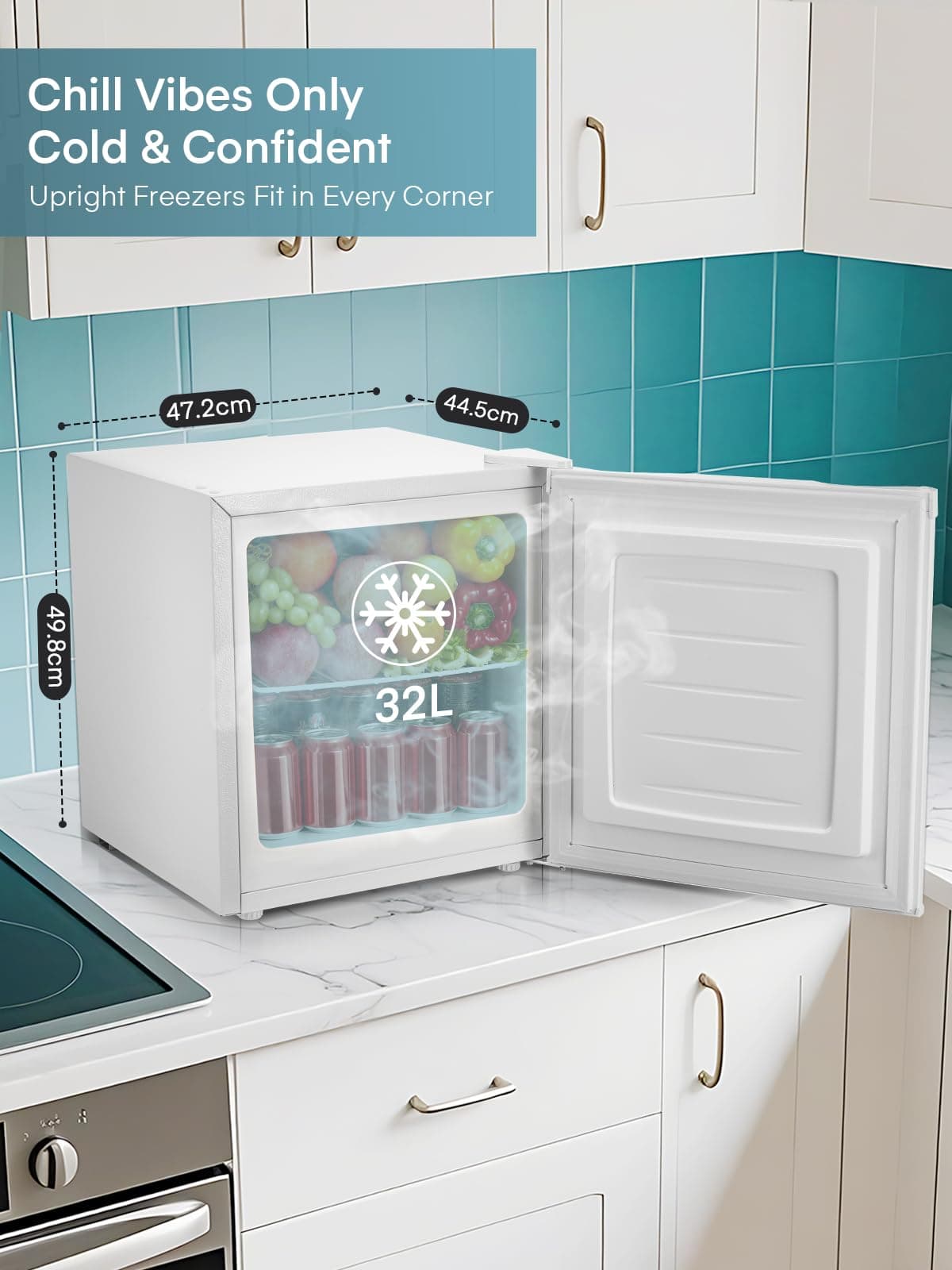 FOHERE Table Top Mini Freezer 32L, Small Freezer with 7 Adjustable Temperature, Energy Efficient, 4 Star Freezing,Removable Wire Shelf for Bedrooms/Home/Apartment/Office, White — view 3