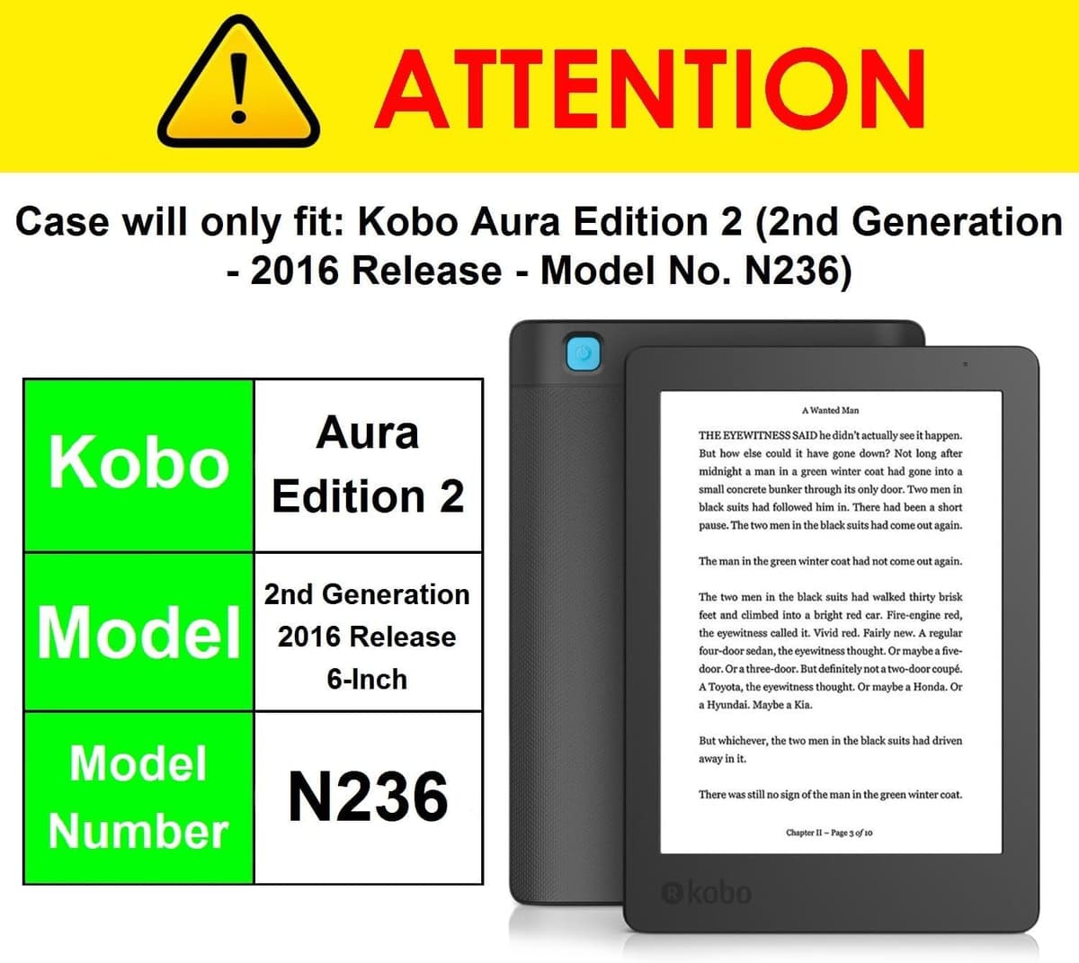 Forefront Cases Funda para Kobo Aura Edition 2 (Modelo: N236, 2016) - Delgado, Ligera y Protectora Funda para Kobo Aura Edition 2 (6") - Smart Auto Sueño Estela Función (Carcasa) - Negro — view 4