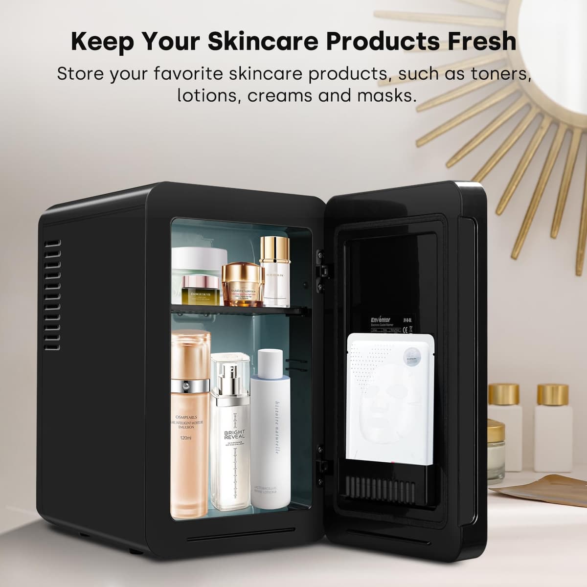 Enventor Mini Fridge 6 Litre, 8 Can Mini Fridges for Bedrooms, AC+12V DC Power Cooler & Warmer, Portable Small Fridge for Car, Travel, Home/Skincare, Makeup, Cosmetics/Drinks, Fruit, Food, Black — view 4