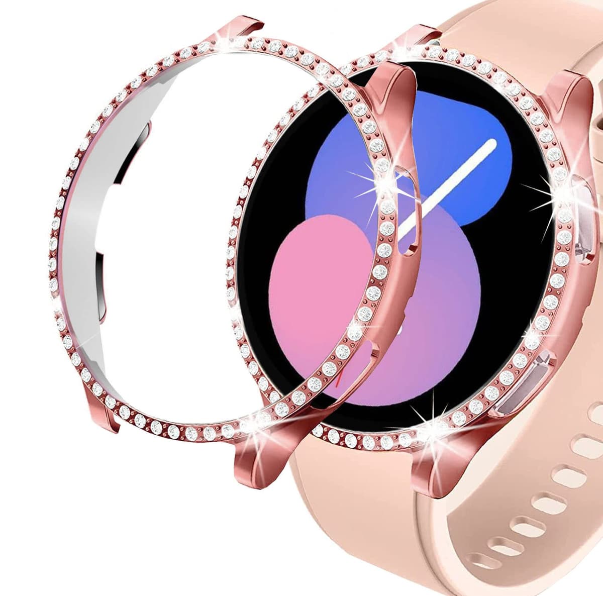 DEALELE [2-PACK] Case Compatible with Samsung Galaxy Watch FE / 5/4 40mm, Bling Double-row Diamond PC Protective Case Protector Cover, 40mm, Rose gold + Transparent — view 19