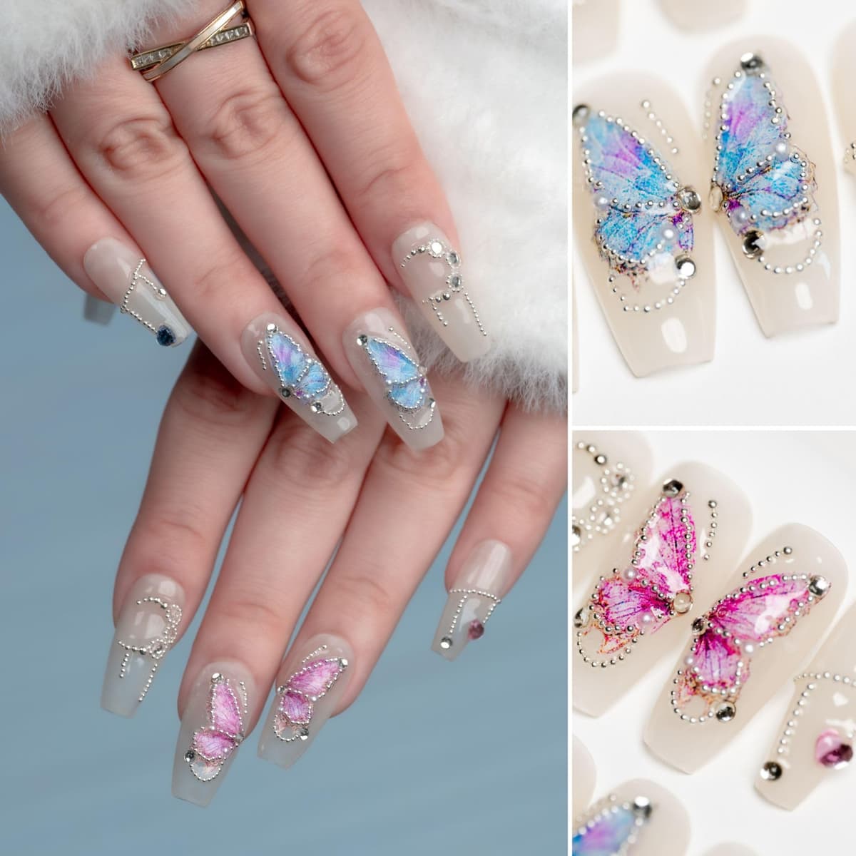 Sun&Beam Nails Handmade Press On Nail Long Coffin Ballerina Pink Flower Acrylic Fake Tip 3D Design Art Charms Cute with Storage Box 10 Pcs (S) — view 160